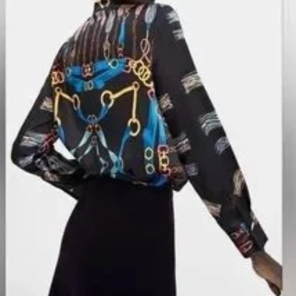 Zara Black Long Sleeve Chain Print Blouse - Picture 4 of 10